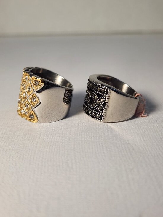 JTV Jewelry - NWT Set of Gold Quilted Pavé + Black Marcasite Wide Band Ring Bundle Size 6